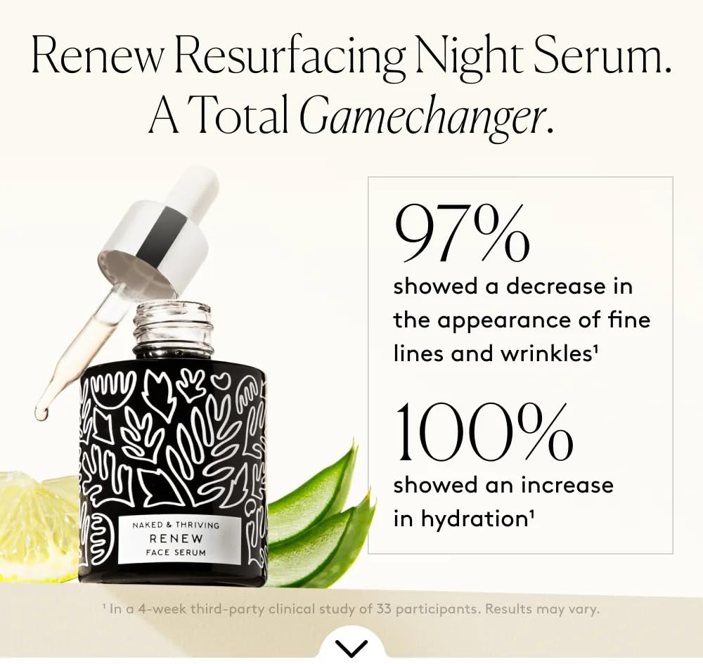 Naked & Thriving Renew Resurfacing Night Serum - Clinically Proven Visible Anti-Aging Benefits, Multitasking for Visible Fine Lines, Texture, Hydration, & Firmness. Hyaluronic Acid+Ferulic Acid 30 mL