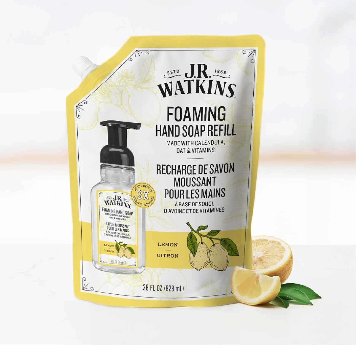 J.R. Watkins Moisturizing Foam Hand Soap Refill 2 Pack, Lemon, 28 fl oz