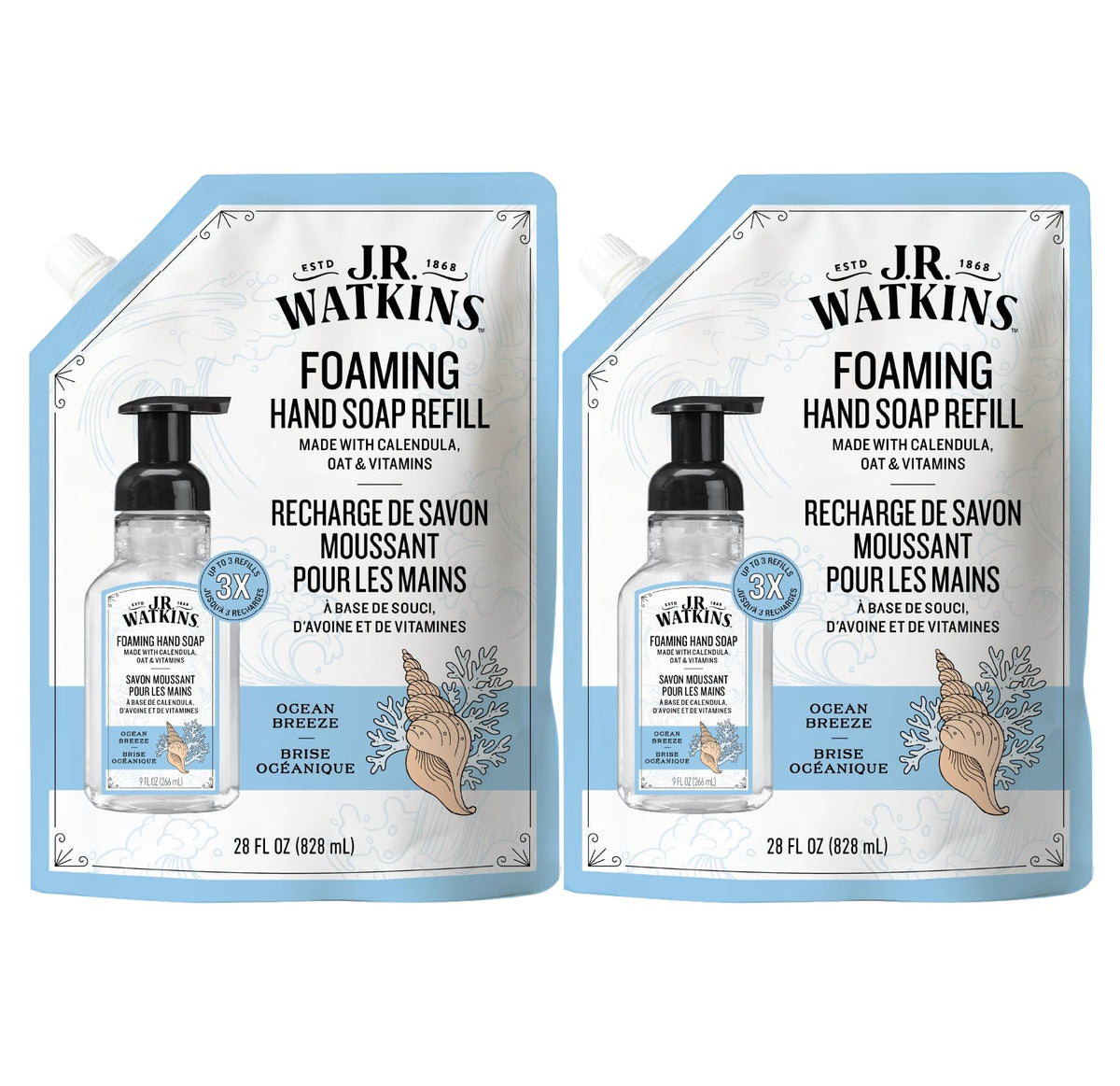 J.R. Watkins Moisturizing Foam Hand Soap Refill 2 Pack, Lemon, 28 fl oz