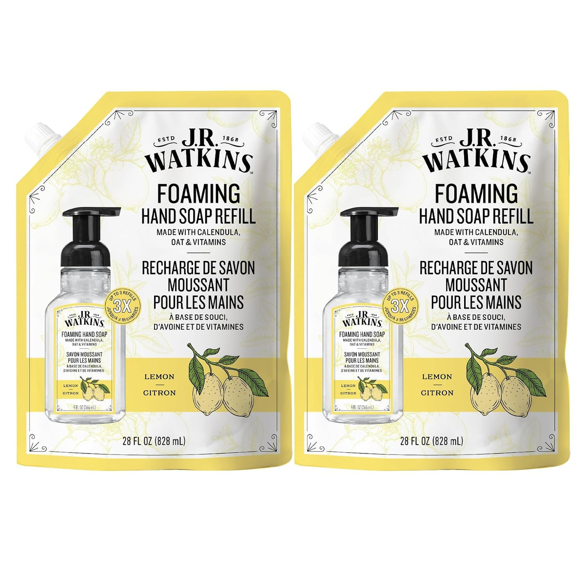 J.R. Watkins Moisturizing Foam Hand Soap Refill 2 Pack, Lemon, 28 fl oz