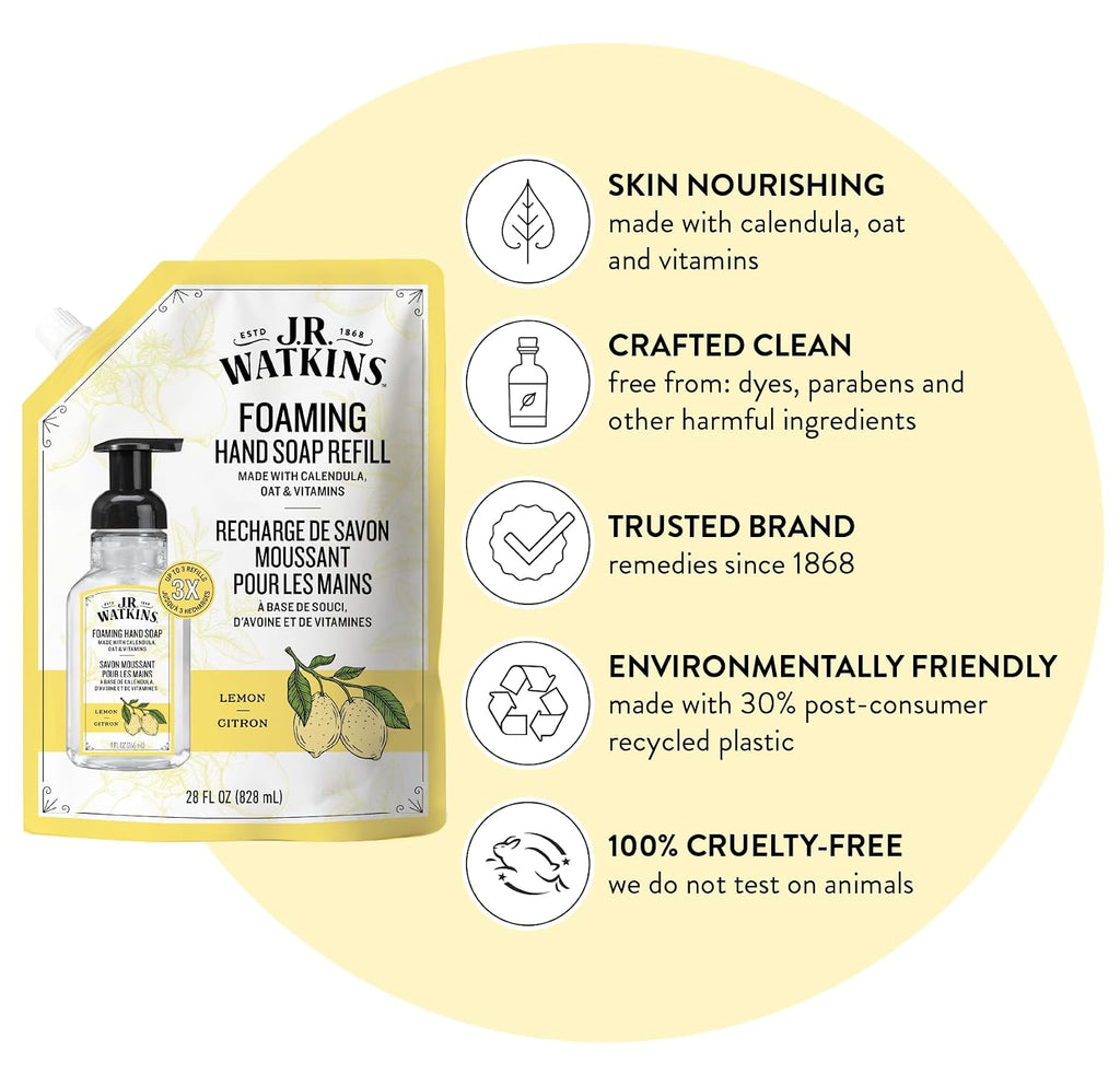 J.R. Watkins Moisturizing Foam Hand Soap Refill 2 Pack, Lemon, 28 fl oz