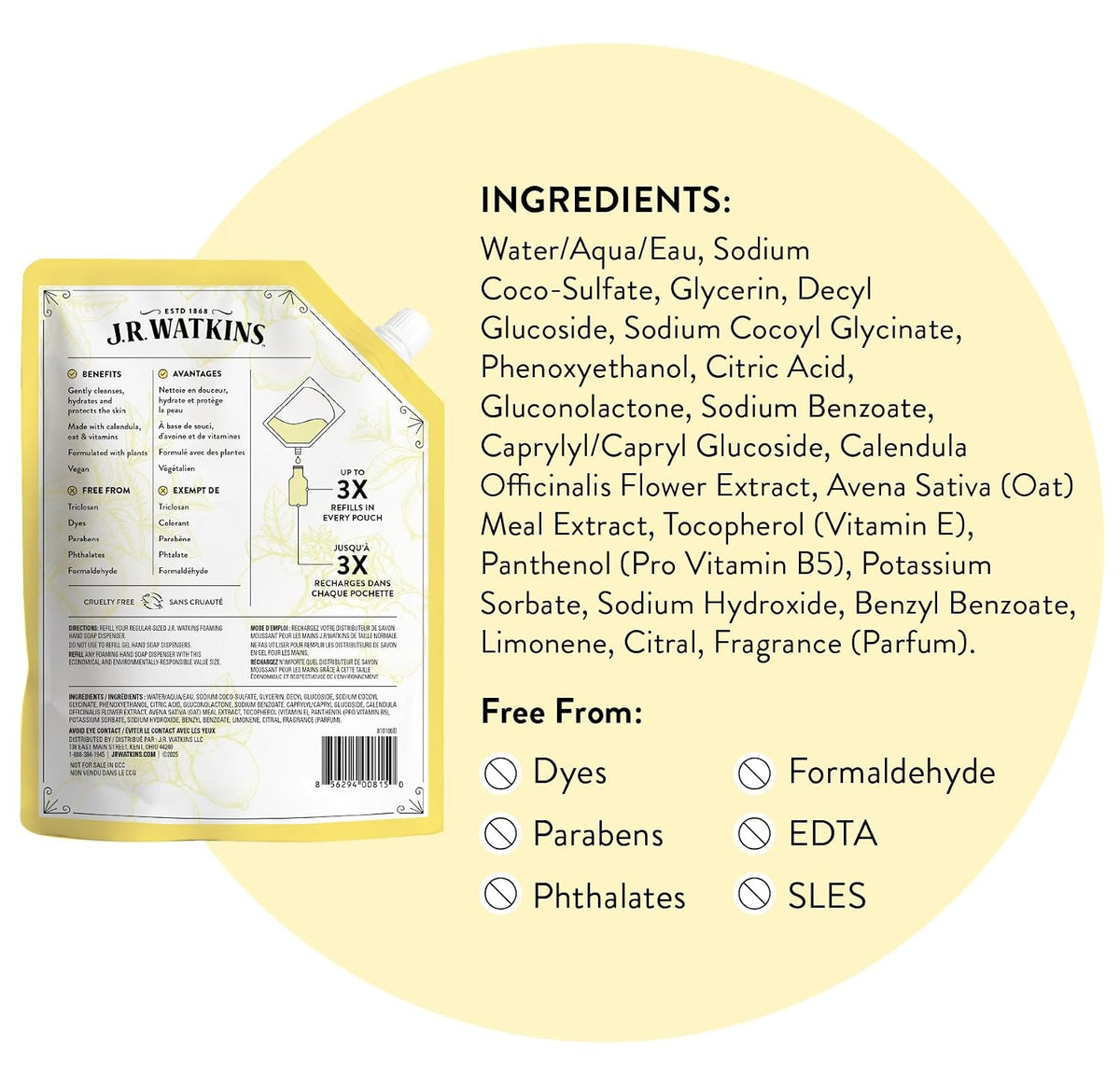 J.R. Watkins Moisturizing Foam Hand Soap Refill 2 Pack, Lemon, 28 fl oz