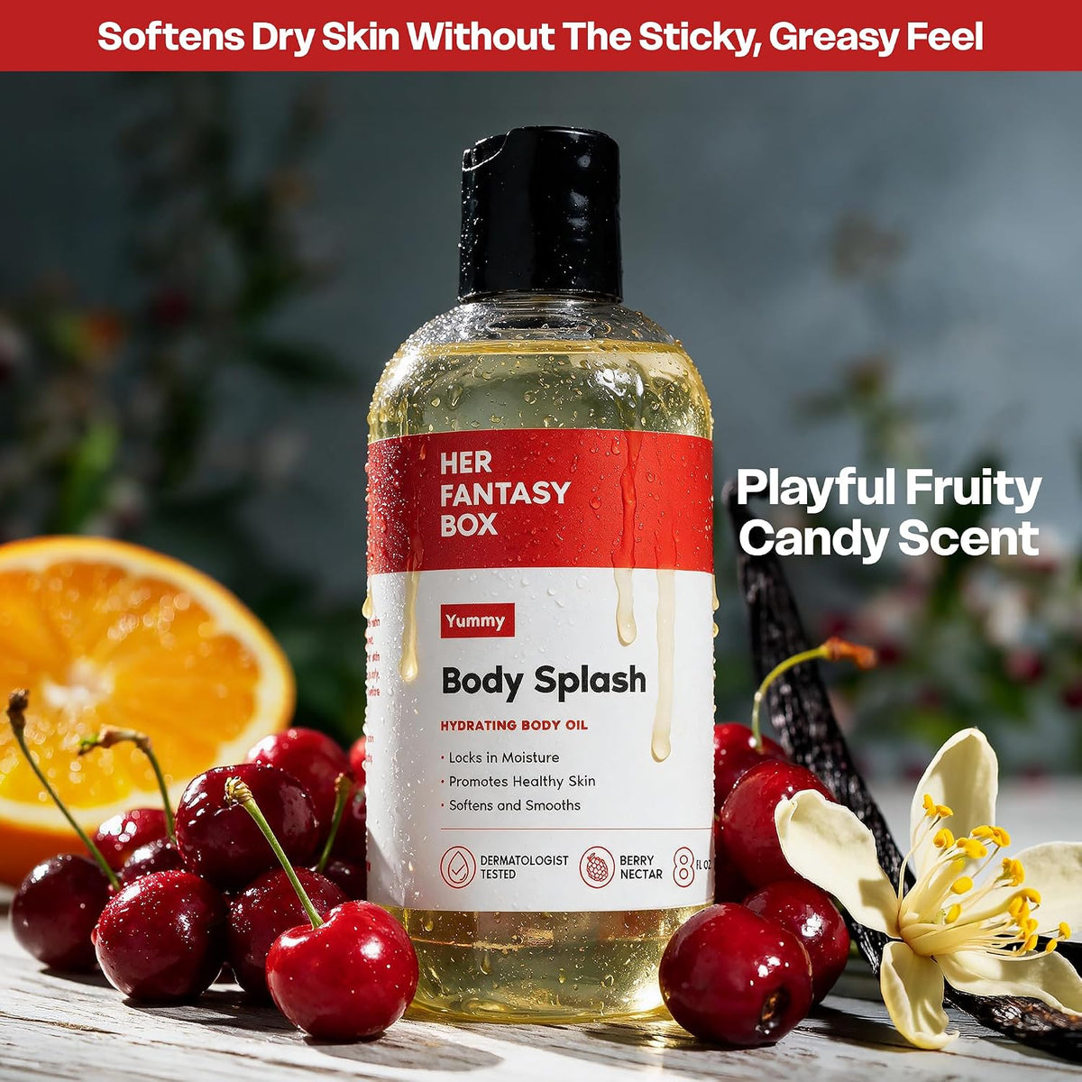 Her Fantasy Box | Body Splash Hydrating Body Oil (Yummy) - Moisturizing, Non-Greasy Formula for Soft, Smooth Skin - All-Natural, Lightweight & Nourishing
