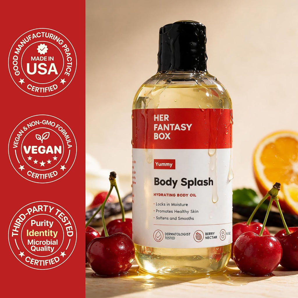 Her Fantasy Box | Body Splash Hydrating Body Oil (Yummy) - Moisturizing, Non-Greasy Formula for Soft, Smooth Skin - All-Natural, Lightweight & Nourishing