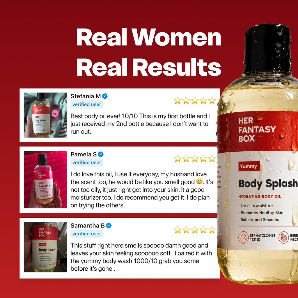 Her Fantasy Box | Body Splash Hydrating Body Oil (Yummy) - Moisturizing, Non-Greasy Formula for Soft, Smooth Skin - All-Natural, Lightweight & Nourishing