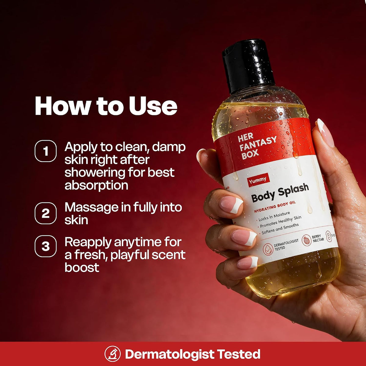 Her Fantasy Box | Body Splash Hydrating Body Oil (Yummy) - Moisturizing, Non-Greasy Formula for Soft, Smooth Skin - All-Natural, Lightweight & Nourishing