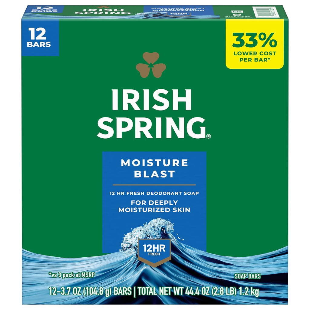 Irish Spring Moisture Blast Deodorant Bar Soap for Men, 3.7 oz (12 Pack)