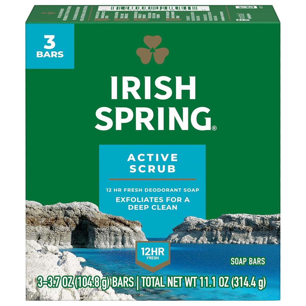 Irish Spring Active Scrub Mens Bar Soap, Men's Exfoliating Bar Soap, Smell Fresh and Clean for 12 Hours, Men Soap Bars for Washing Hands and Body, Recyclable Carton, 24 Pack, 3.7 Oz Soap Bars