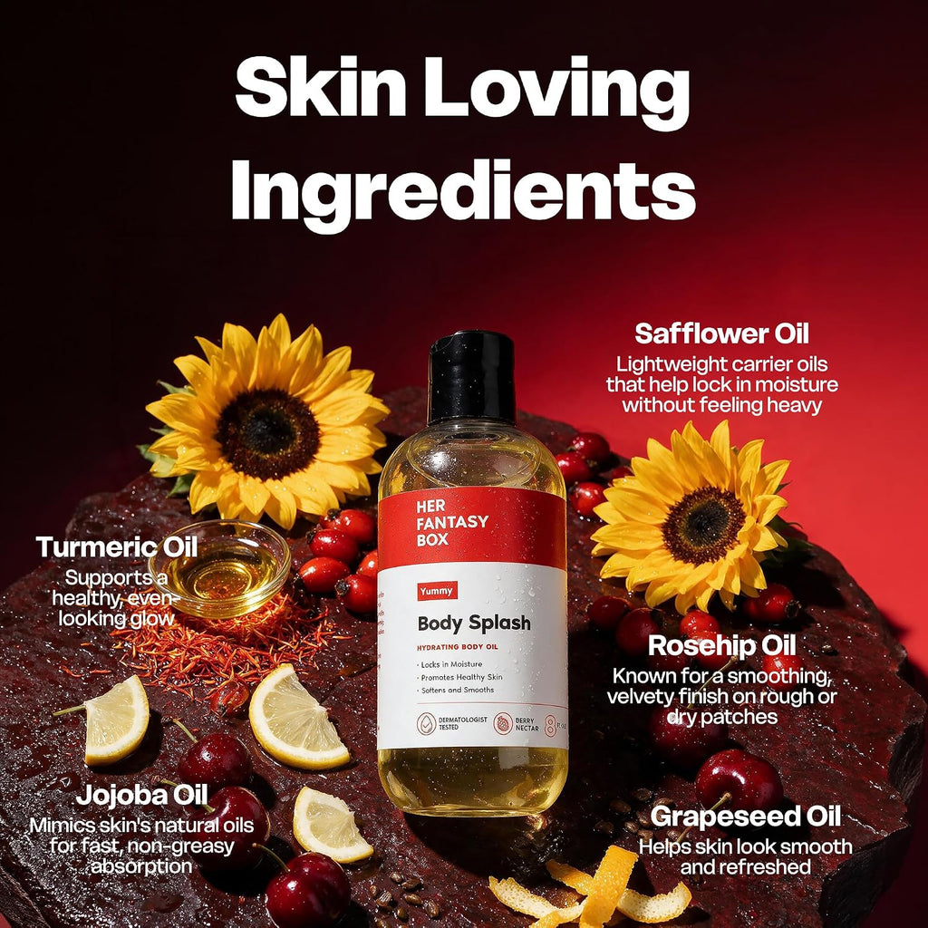Her Fantasy Box | Body Splash Hydrating Body Oil (Yummy) - Moisturizing, Non-Greasy Formula for Soft, Smooth Skin - All-Natural, Lightweight & Nourishing