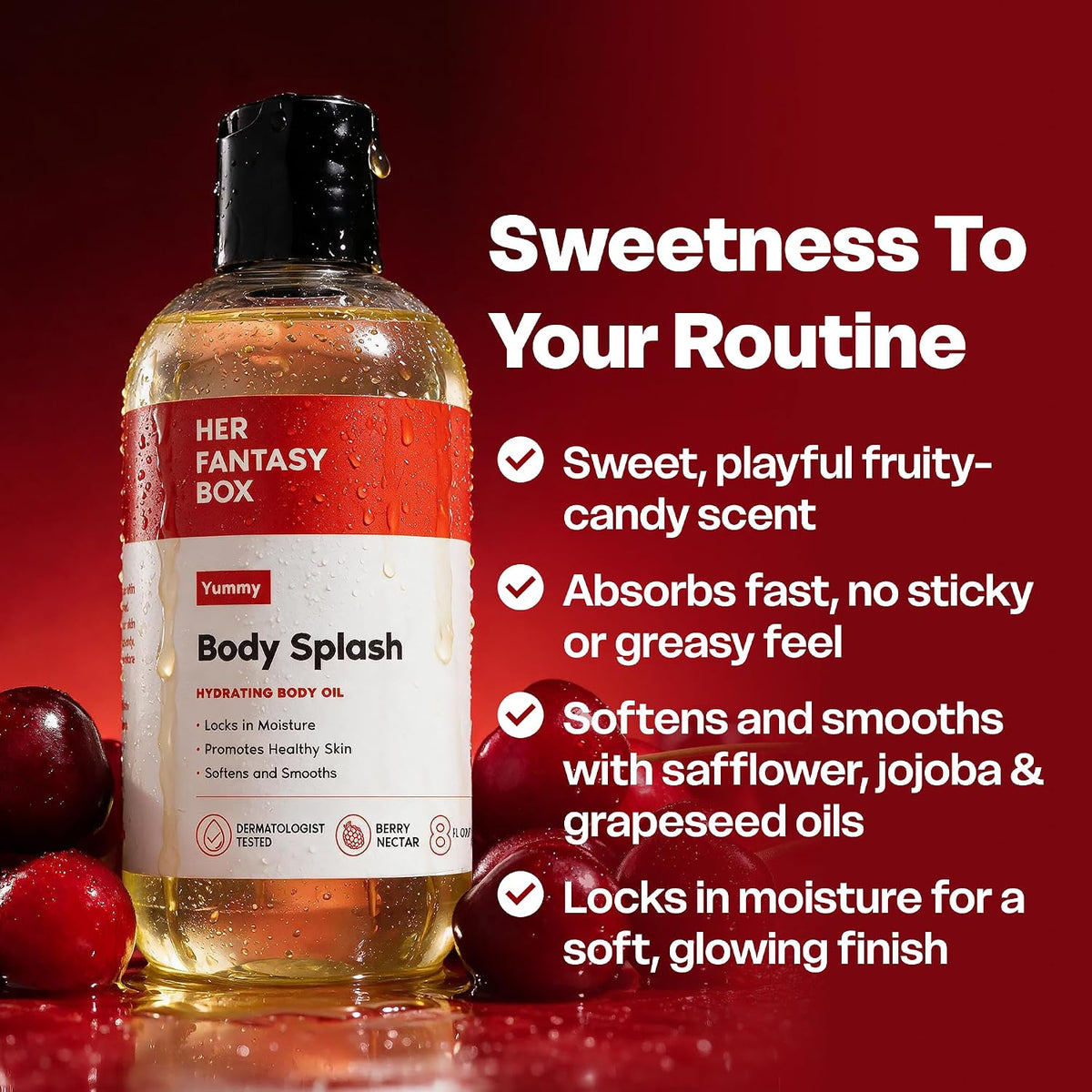 Her Fantasy Box | Body Splash Hydrating Body Oil (Yummy) - Moisturizing, Non-Greasy Formula for Soft, Smooth Skin - All-Natural, Lightweight & Nourishing